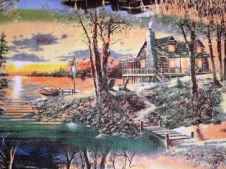  Fall Autumn Woods Trees Cabin Lodge Grass Nature Boat Lake Fabric BTY