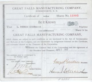 Great Falls Manufacturing Company Stock Certificate 1922