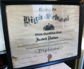 Old 1930 Framed Gowanda NY High School Diploma Isabell Dutton