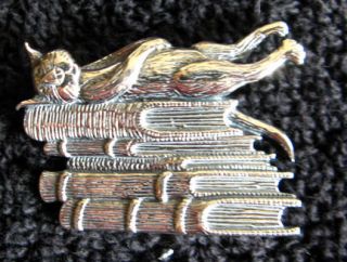 Gorey Silver Book Cat Brooch/PiN with gift pouch   books. cats. life