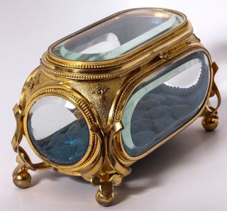 Antique French Deep Beveled Glass Jewelry Box, Casket, Brilliant Dore