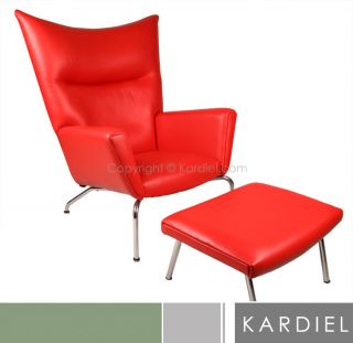 HANS J WEGNER Style WING CHAIR & OTTOMAN RED Premium Leather modern