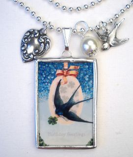 Happy Birthday Bluebird Vintage Postcard Charm Necklace