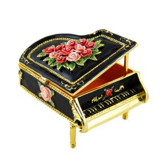 Victorian Grand Piano Musical Trinket Jewelry Box Jeweled Black Large