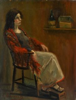 Charles F Bohannah NY  Art Female Red Sweater Sitting Impressionist