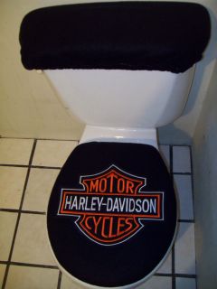 Harley Davidson Symbol Patch on Black Toilet Seat Cover Set
