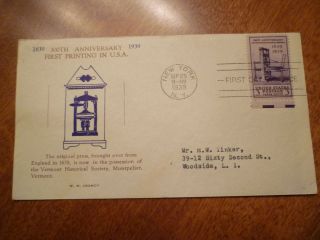  857 1939 PRINTING TERCENTENARY FIRST DAY COVER FDC W. M. GRANDY CACHET