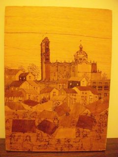 Picture wood inlay etching of Taxco Mexico & Cathedral perphaps ~ Hugo