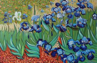 Purple Iris Flowers in Field Famous Van Gogh Repro 24x36 Oil on Canvas