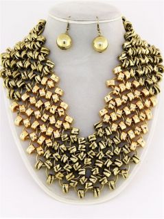Chunky Two Tone Gold Chain Rings Earring Necklace Set Fashion Costume