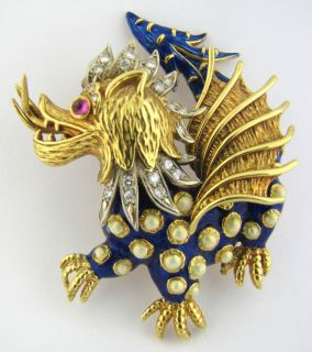 Gorgeous Dragon Brooch Pin in 18K Yellow Gold with Diamonds!