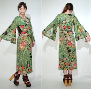draped vintage 60s 70s green forest goddess floral sheer georgette