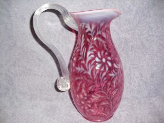 Fenton Cranberry Pitcher with A Frosted White Flower Motif