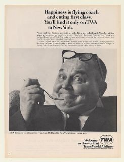 1967 TWA Airlines Happy Man Flying Coach Eating First Class Ad
