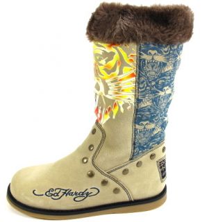 Ed Hardy Womens RARE Winter Tan Brown Tattoo Suede Bootstrap Snow Fur
