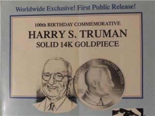 Harry s Truman Solid 14k Gold Coin 100th Birthday Comm