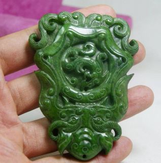 Chinese Handwork Green Jade Carved Dragon Pendant F 003