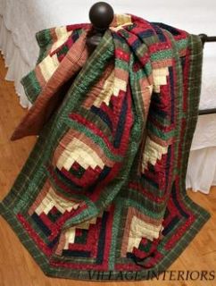LODGE LOG CABIN GREEN AMERICANA 100% COTTON QUILT THROW / WALL HANGING