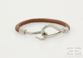 Hermes Brown Woven Leather Silver Jumbo Hook Bracelet