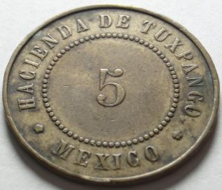 1878 Veracruz Mexico Hacienda de Tuxpango Good for 5 Token Sugar Cane