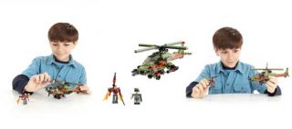 young boy playing with KRE O COMBAT CHOPPER and detail image of