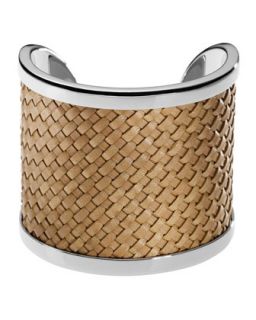 Michael Kors Silver Color Cuff with Dark Tan Braided Leather Detail