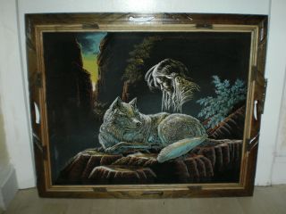 Vintage Framed Black Velvet Painting Wolf and Native American Indian