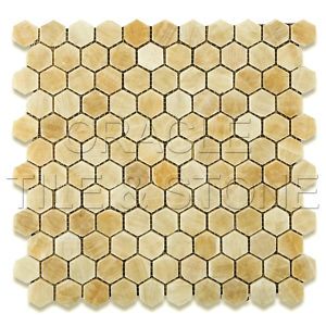 Honey Onyx Polished 1 Mini Hexagon Mosaic Tile on Mesh