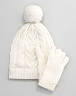  Cashmere Cable Knit Hat & Mittens, 6 24 Months, Navy   