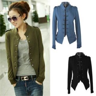 Hitz Women Solid Color Stand Up Collar Epaulet Double Breasted Jacket