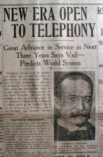 1919 newspaper headline WORLDWIDE TELEPHONE SERVICE is PREDICTED by