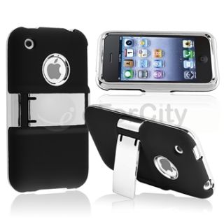 Black with Chrome Stand Hard Skin Case Cover 2X Film for iPhone 3G 3GS