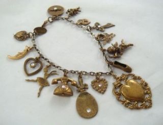 Vintage Bronze Tone Hidden Heart Romance Love Themed Charm Bracelet 7