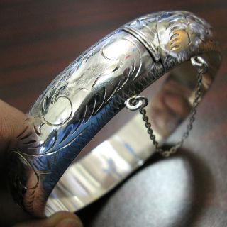 Vintage Hinged BANGLE Bracelet Engraved FLOWERS Sterling Silver Safety