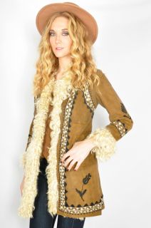  Embroidered Shaggy Mongolian Fur Boho Hippie Coat Jacket XS S