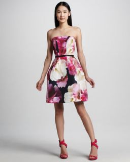 48JV Monique Lhuillier Floral Print Structured Dress & Slim Leather