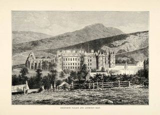 1882 Wood Engraving Holyrood Palace Arthurs Seat Scotland Ancient