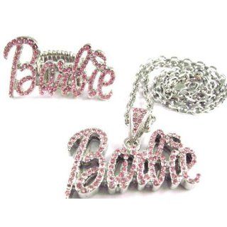 NICKI MINAJ BARBIE Pendant 18 Chain & Ring Set Silver Pink Jewelry