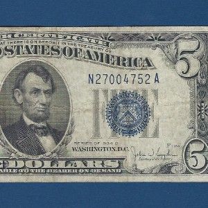 US CURRENCY 1934C $5 SILVER CERTIFICATE in FINE, Old Paper Money, FREE