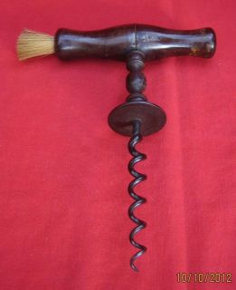 Antique Henshall Button Type Corkscrew Hard Wood Handle with Brush