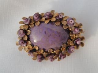 Signed Miriam Haskell Glass Cabochon Brooch Purple Oval Wreath