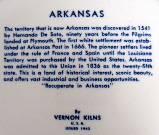 1943 Arkansas Blue Ultra Collectors Plate Vernon Kilns California