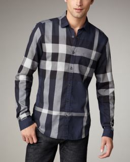 Burberry Brit Quad Check Woven Shirt, Navy   Neiman Marcus