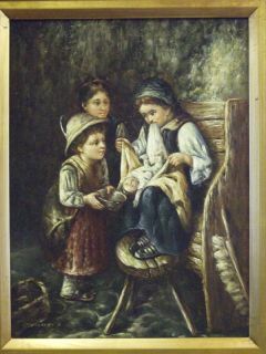 Francoise Bogaert Oil Painting of Children and A Baby