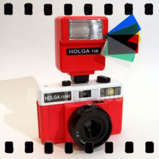 Holga 135 Red White w Colour Flash 135BC Camera Set