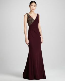 T5BA1 Badgley Mischka Couture Ruched Bead Detail Gown