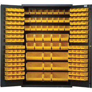 Heavy Duty Bin Cabinet, Gray 48 x 24 x 78, 171 BLACK Bins Assorted
