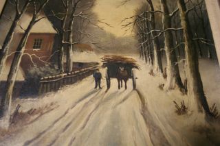 Dutch Winter Landscape Oil Painting Horse Cart Village