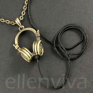 Cool DJ Headphones Hip Hop Music Pendant Necklace Vintage Gold Tone