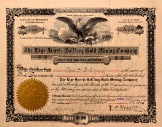 Lige Harris Bullfrog Gold Mining Company Stock, Bullfrog, Nevada